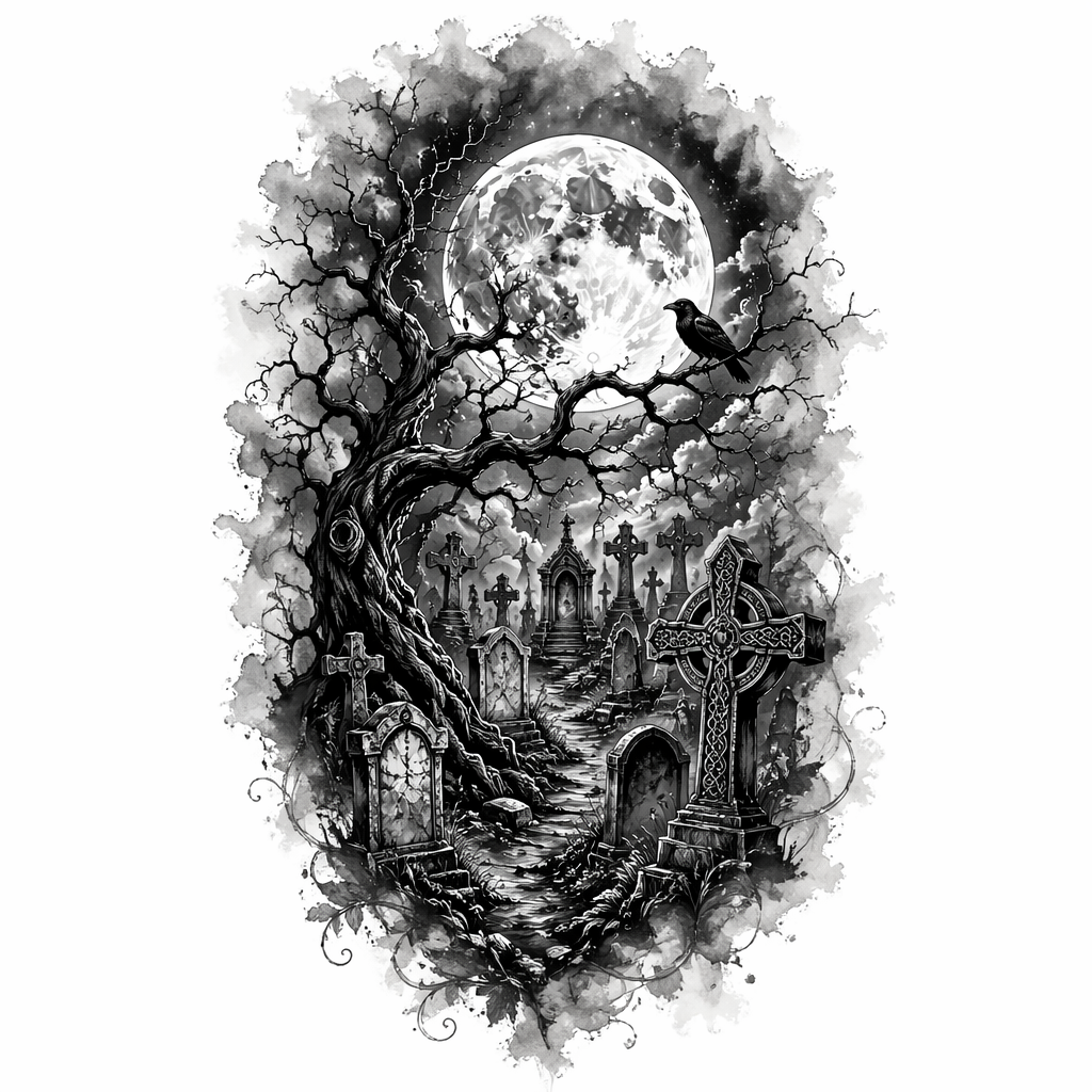 Graveyard Full Moon - Black And Grey Forearm tattoo design