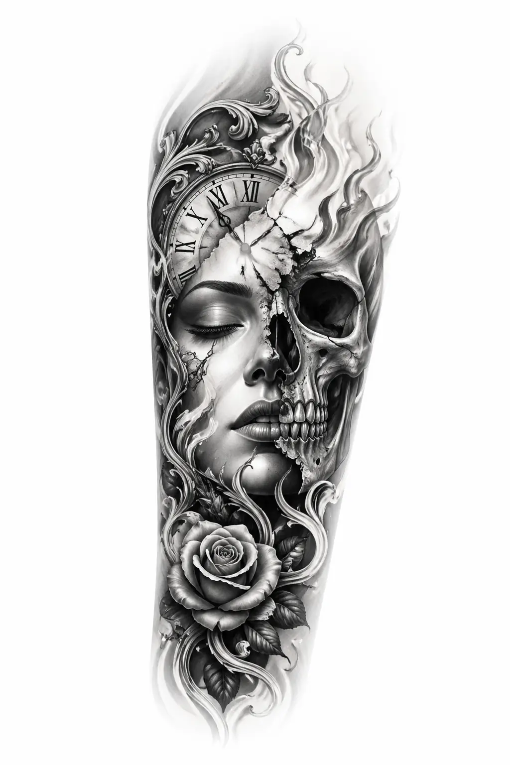 Face Turning Into Skull - Black And Grey Forearm tattoo design