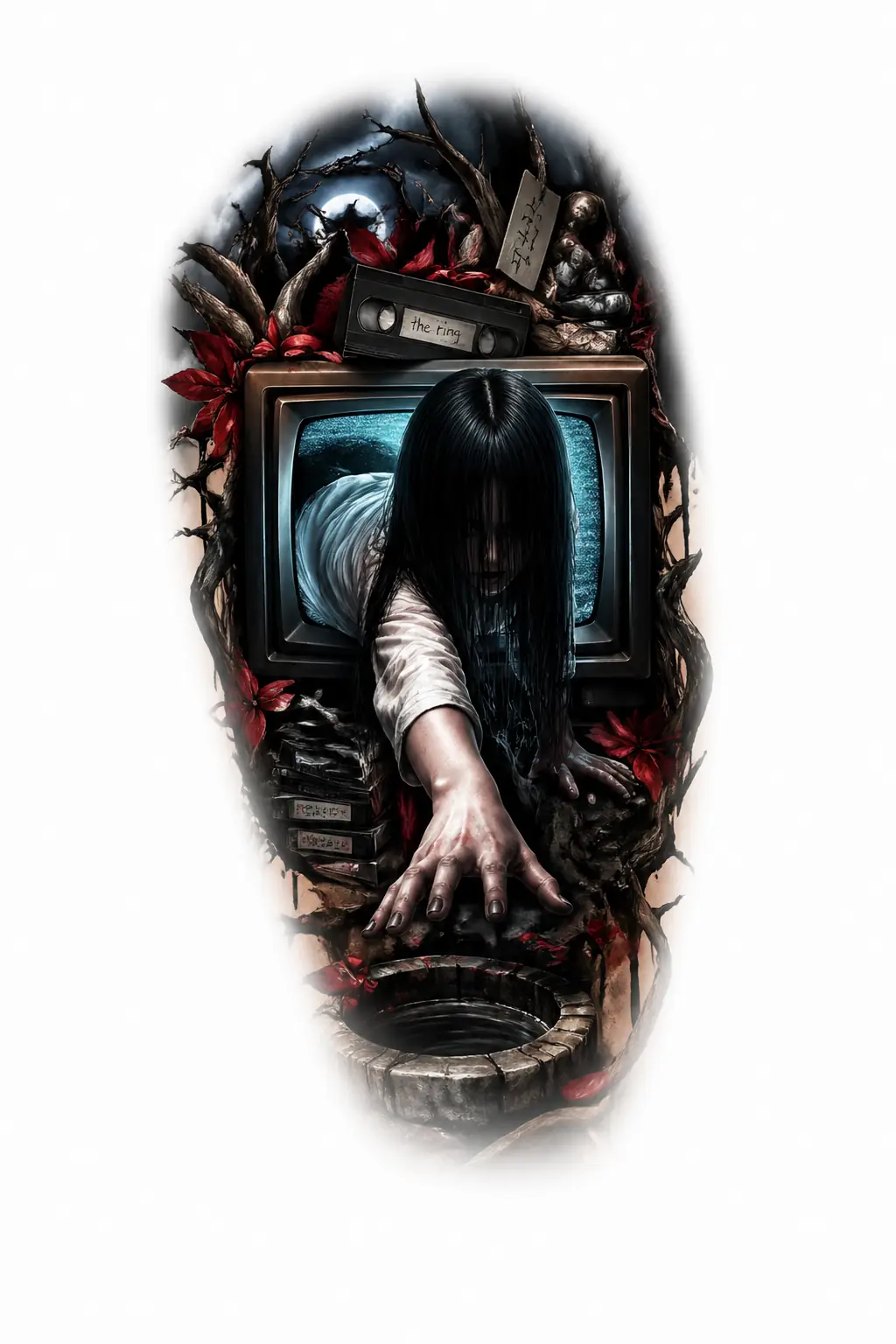 Samara Crawling From Tv - Realism Shoulder tattoo design