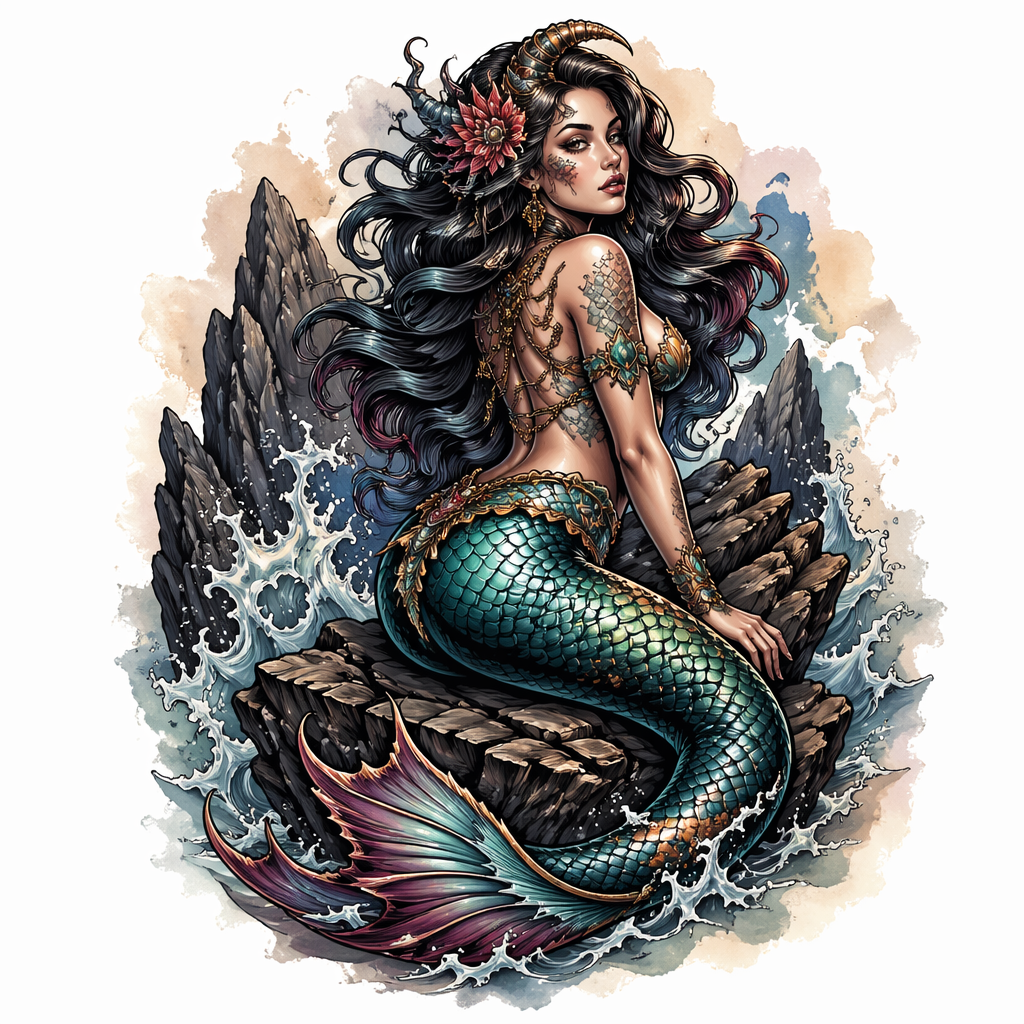 Siren On Rocks - Neo Traditional tattoo design