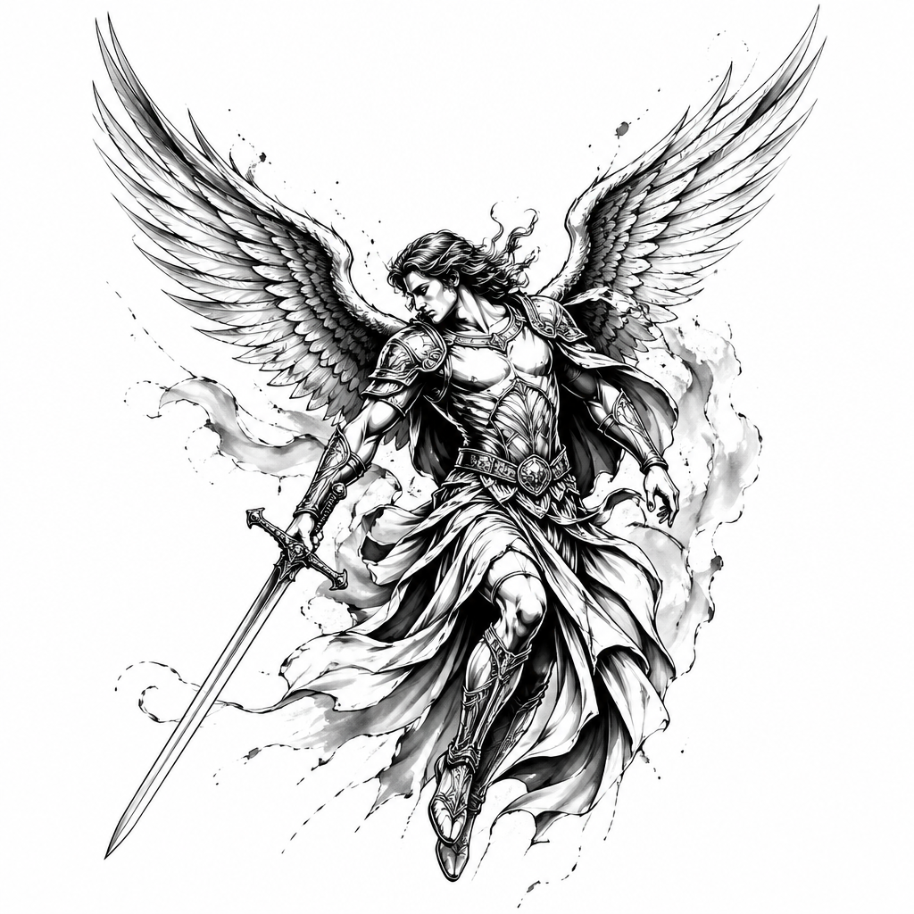 Archangel With Sword - Black And Grey tattoo design