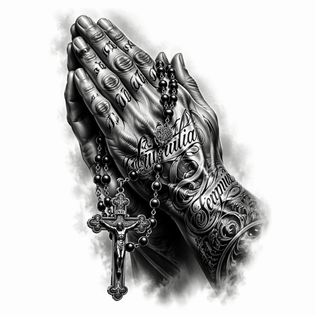 Hands With Rosary - Chicano Forearm tattoo design
