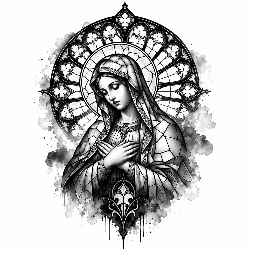 Stained Glass Madonna Tattoo, Virgin Mary, Gothic Cathedral Rose Window - Black And Grey tattoo design