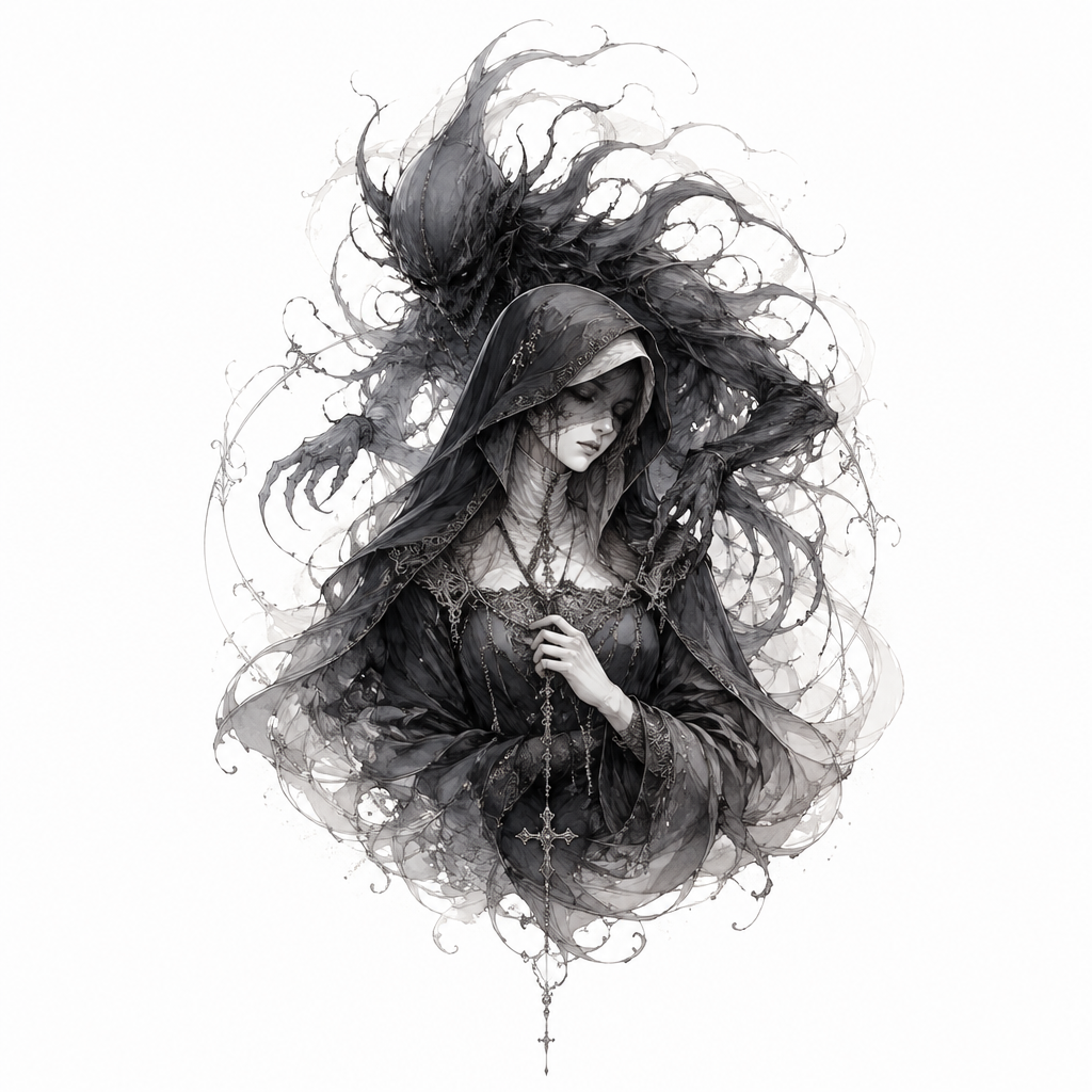 Nun With Demonic Shadow - Gothic Forearm tattoo design