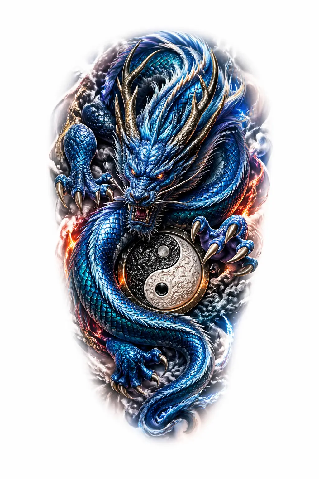 Blue Dragon With Yin Yang - Realism Shoulder tattoo design