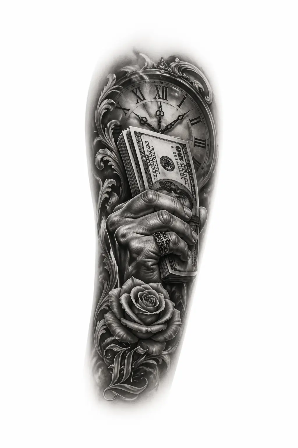 Hand Holding Money Realistic - Black And Grey Forearm tattoo design