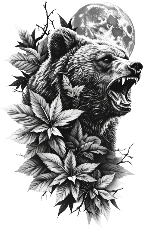 A Grizzly Beahead Roaringin Profile With Leaves Wrapped And A Moon In The Background - Black And Grey Forearm tattoo design idea for men
