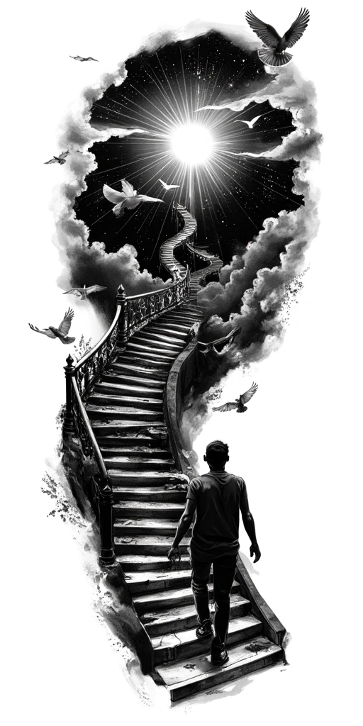 Man Walking Up Heavenly Stairs Through Clouds Toward Bright Divine Light, Angels Flying Around, Dove In The Sky - Surrealism Full Sleeve tattoo design idea for men