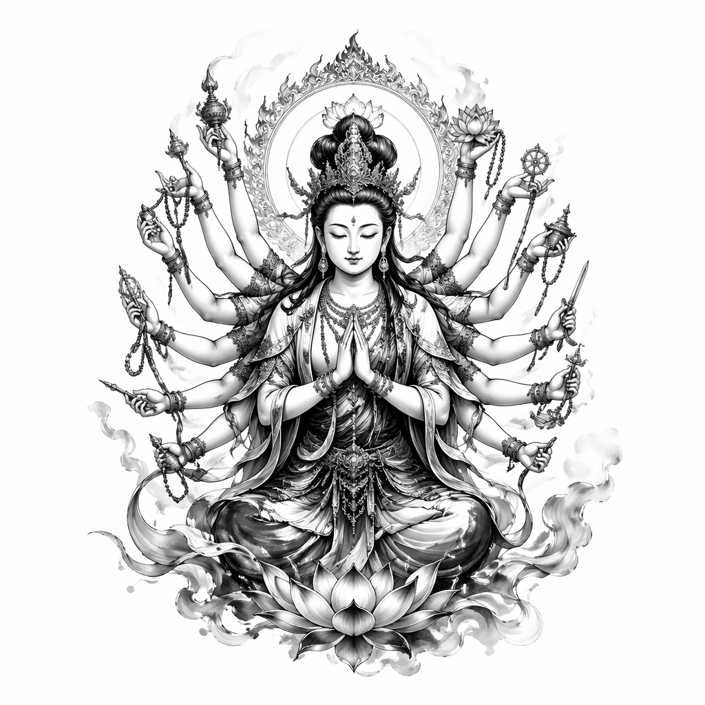 Thousand Hand Guanyin - Black And Grey Back tattoo design