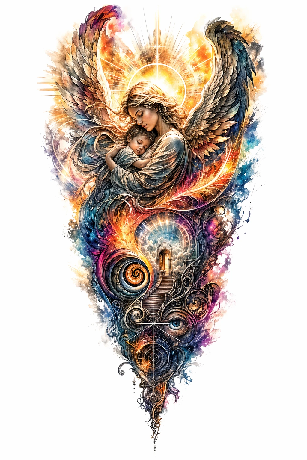 Colorful Guardian Angel Holding Child, Light Rays Behind, Emotional Realism - Surrealism Full Sleeve tattoo design idea for women