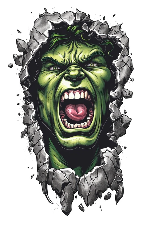 Green Hulk Face Breaking Through Cracked Wall, Torn Opening, Debris Edges, Emerging Forward - Surrealism Calf tattoo design idea for men