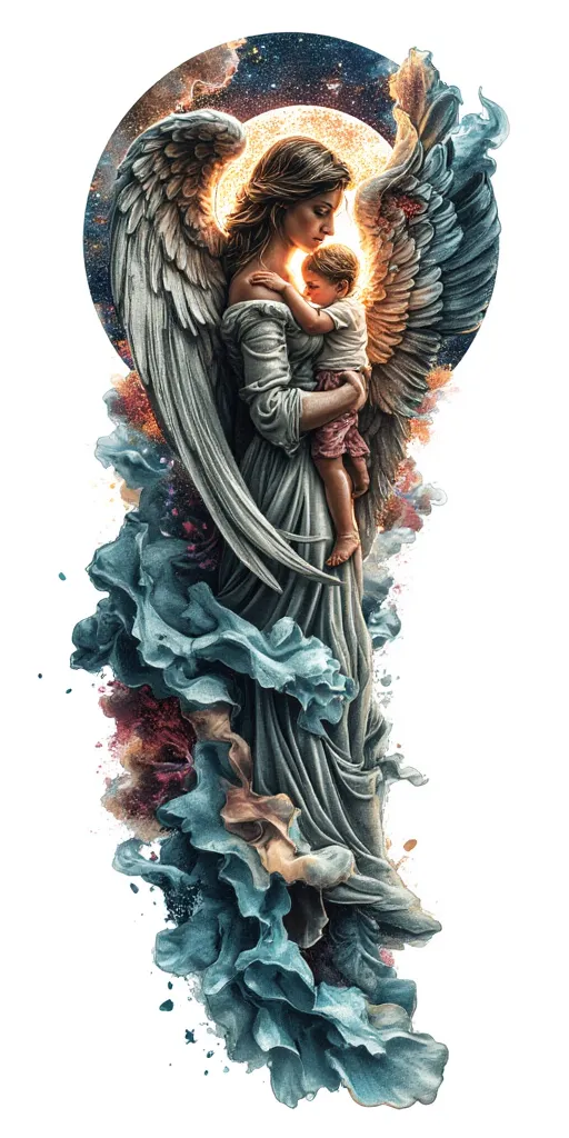 Colorful Guardian Angel Holding Child, Light Rays Behind, Emotional Realism - Surrealism Full Sleeve tattoo design idea for men