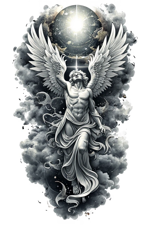 A Divine Radiant Angel Descending From Heaven, Large Majesticwhite Wings Fully Spread - Surrealism Forearm tattoo design idea for men