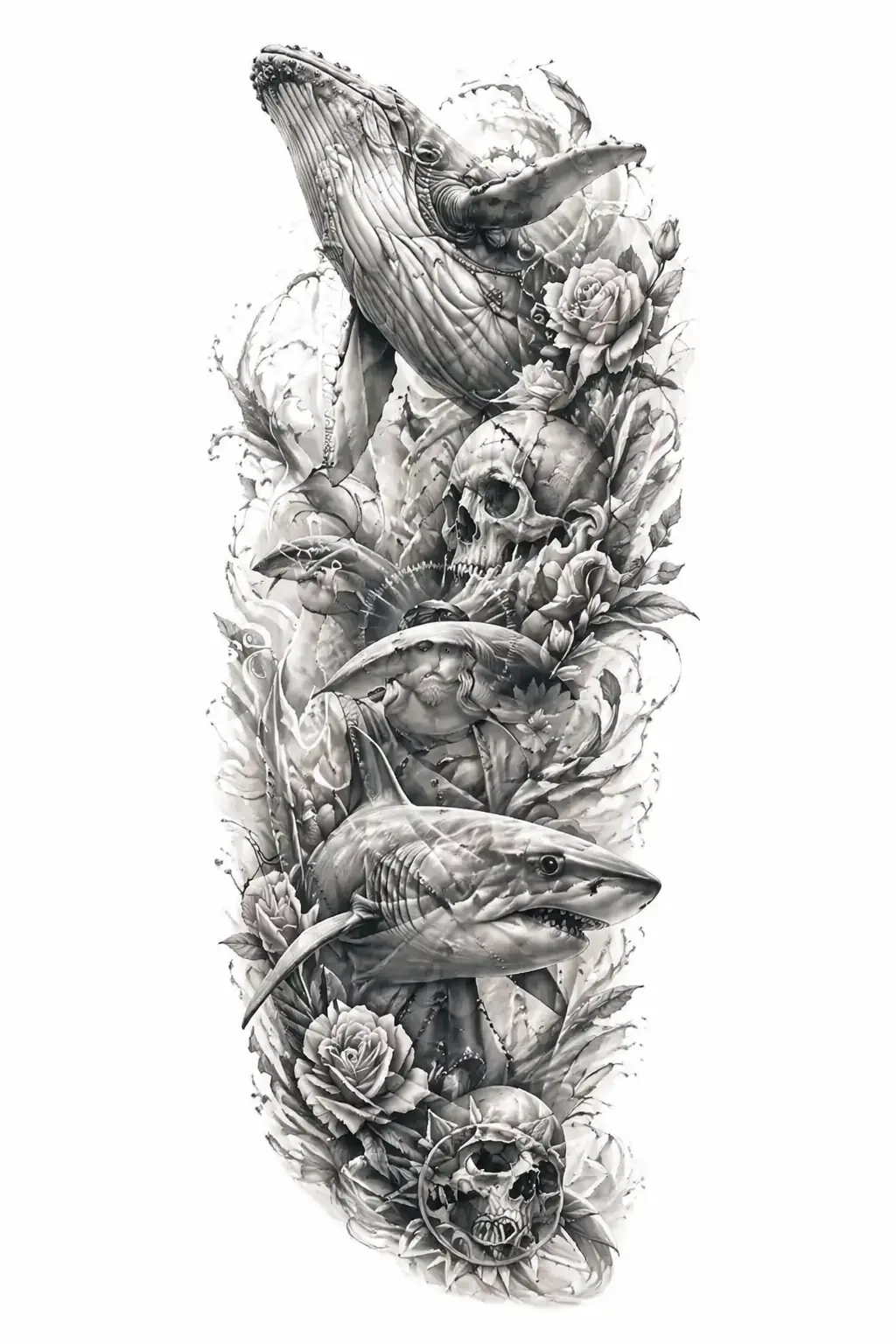 Whales, Sharks, Roses, Skulls - Realism Full Sleeve tattoo design