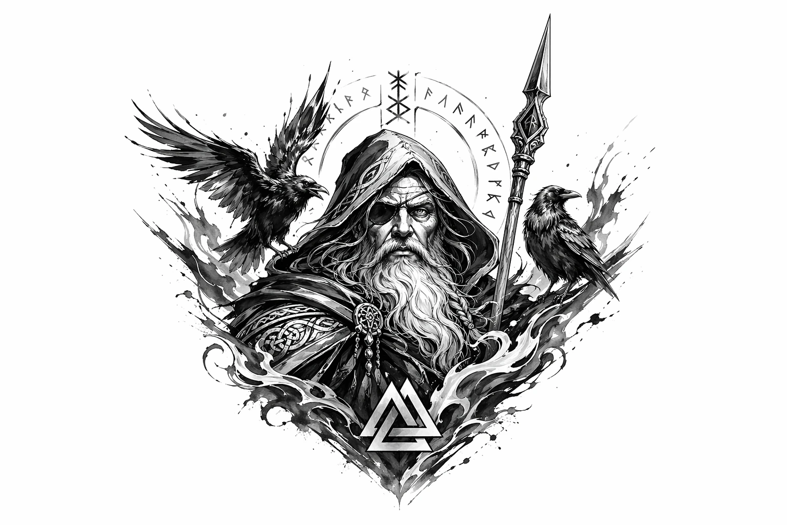 Norse God Odin - Black And Grey Chest tattoo design