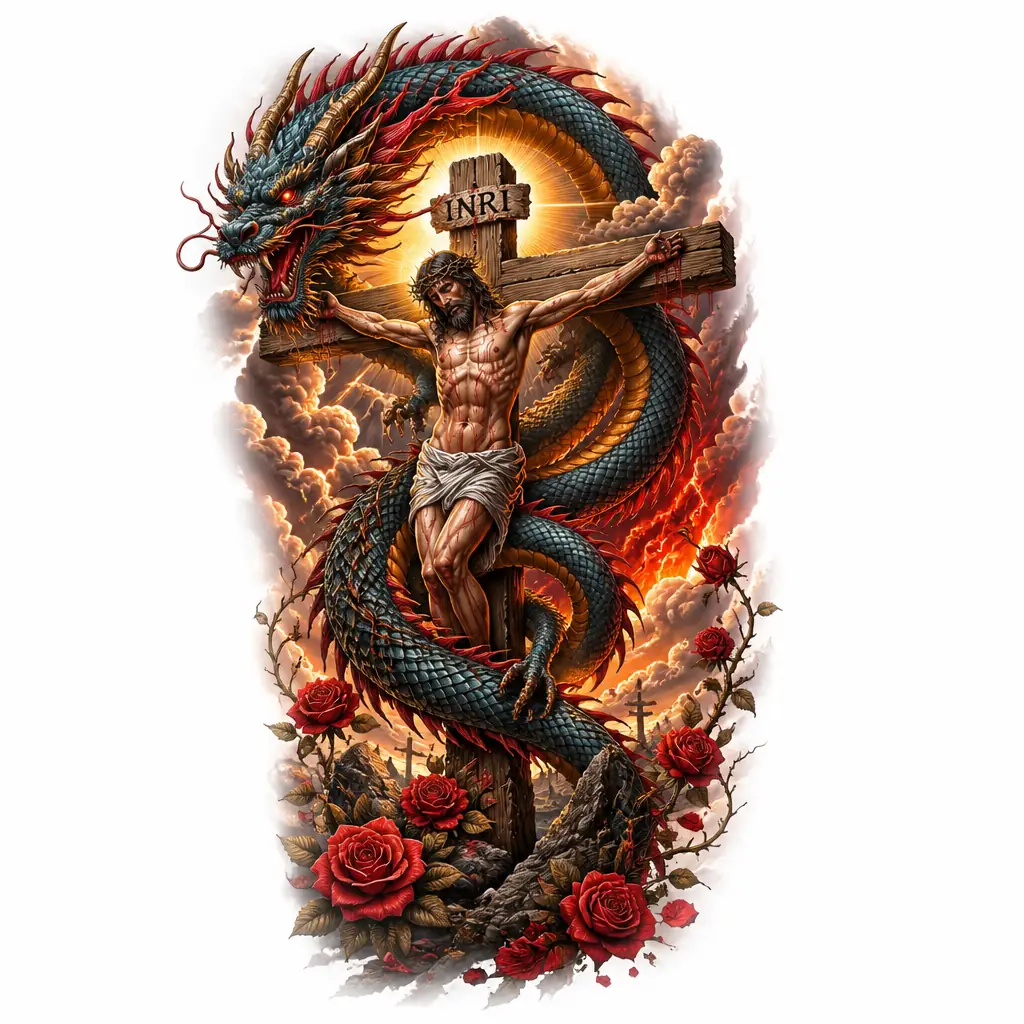 Jesus Cross And Dragon Wrapped - Realism tattoo design