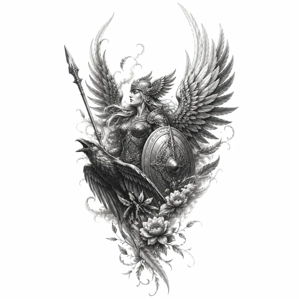 Valkyrie With Wings - Black And Grey tattoo design