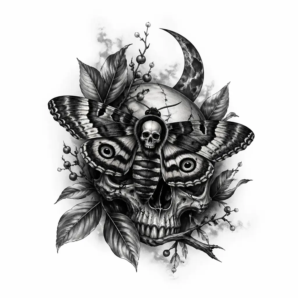 Moth With Skull - Black And Grey tattoo design