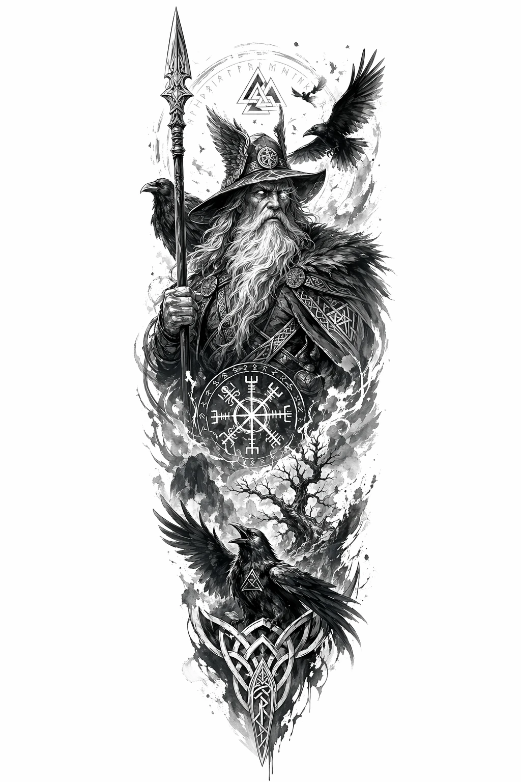 Norse God Odin - Black And Grey Full Sleeve tattoo design