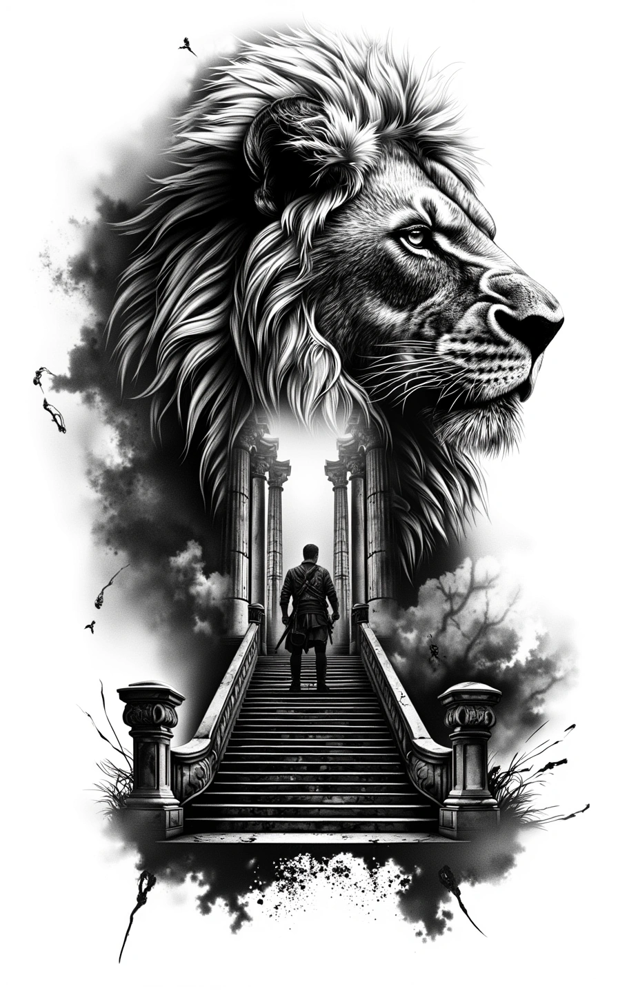 Lion Head Above, Warrior Standing Below, Stairs And Pillars, Centered Composition, Double Exposure - Black And Grey Back tattoo design idea for men