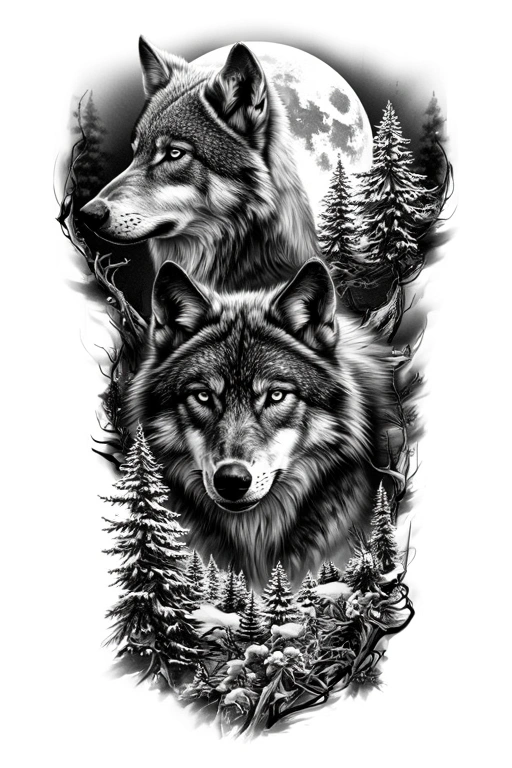 Wolf Portrait Above, Snowy Forest And Full Moon Landscape Below, Wildlife Narrative Composition - Black And Grey Forearm tattoo design idea for men