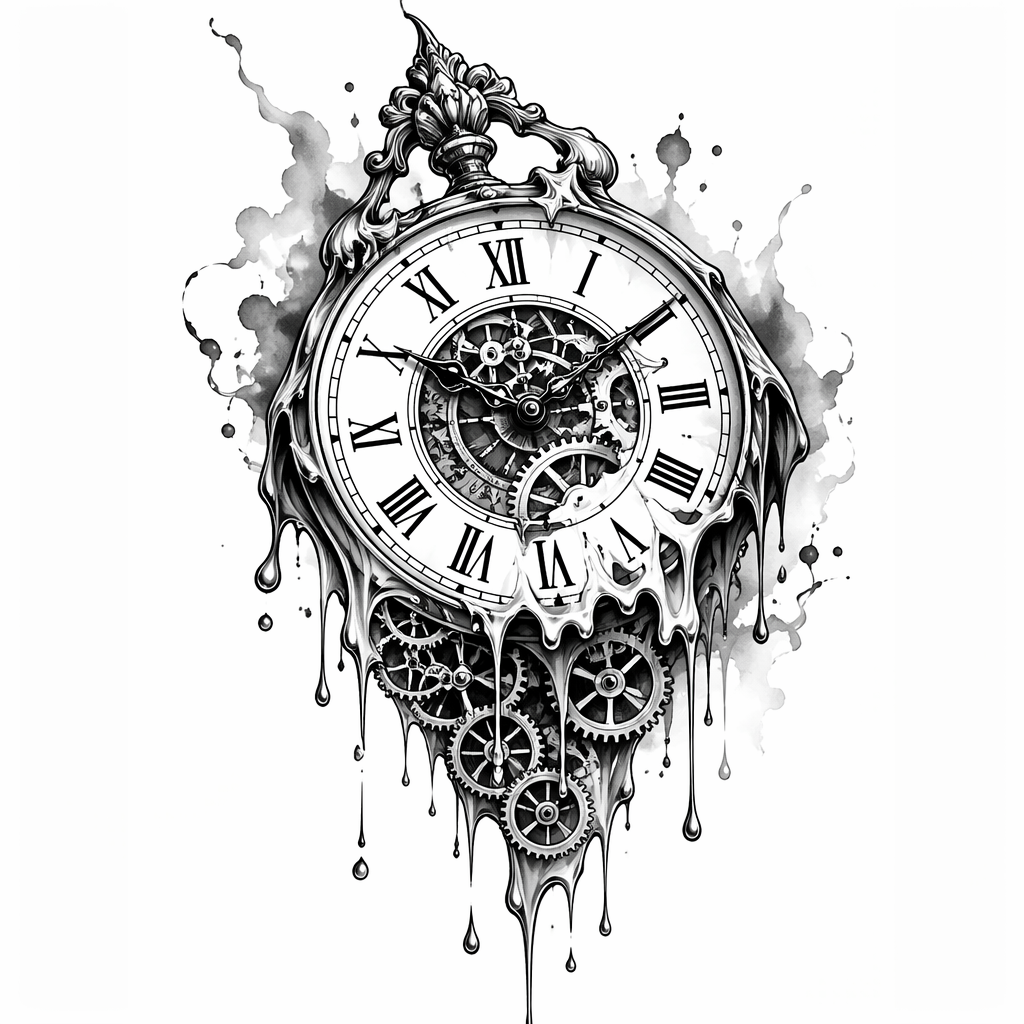Time Clock Melting Design - Black And Grey tattoo design