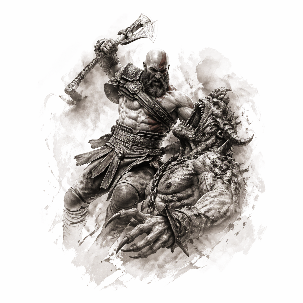 God Of War Spartan Fighting Monster - Realism tattoo design