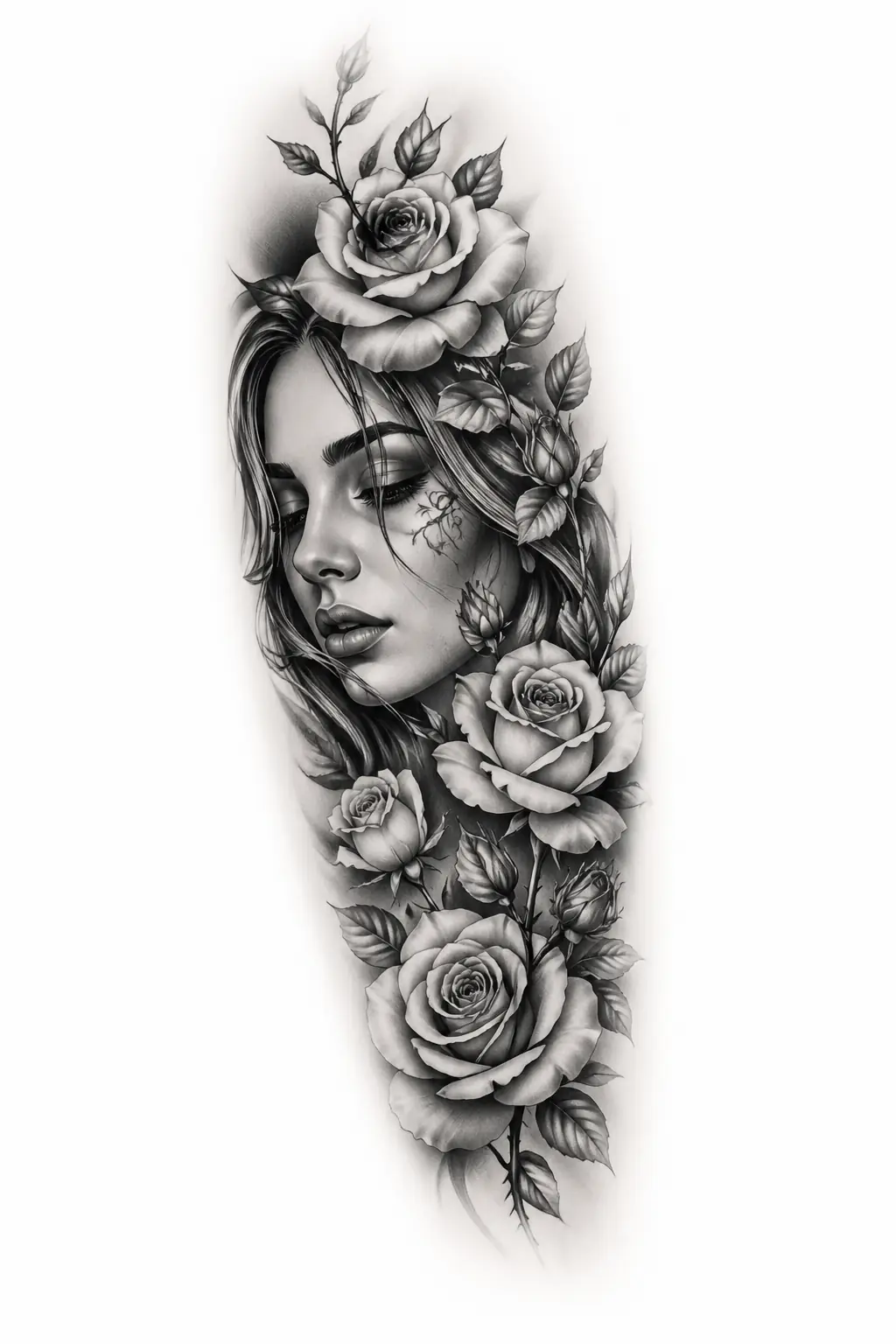 Woman Face With Roses - Black And Grey Forearm tattoo design