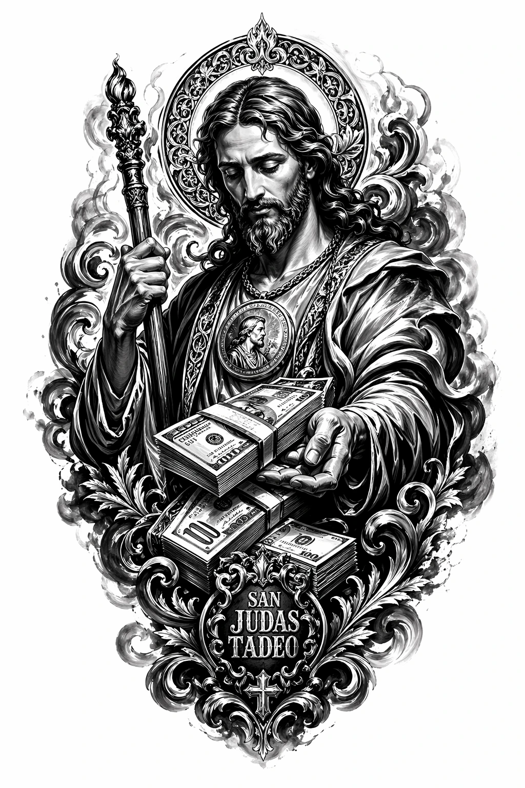 Money With San Judas Tadeo - Black And Grey Shoulder tattoo design idea for men