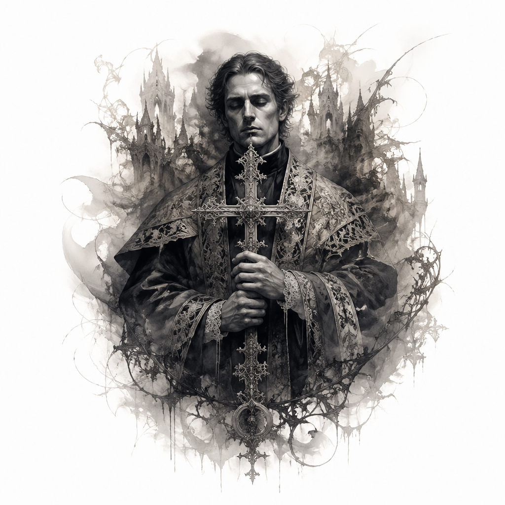 Priest Holding Cross In Darkness - Gothic tattoo design
