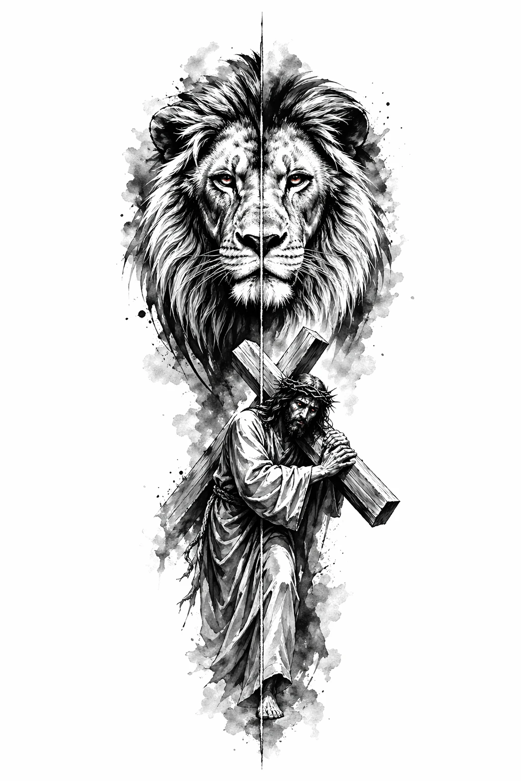 Split Vertical Composition, Top Lion Head, Bottom Jesus Carrying Cross Walking, Red Eyes Accent - Black And Grey Forearm tattoo design idea for men