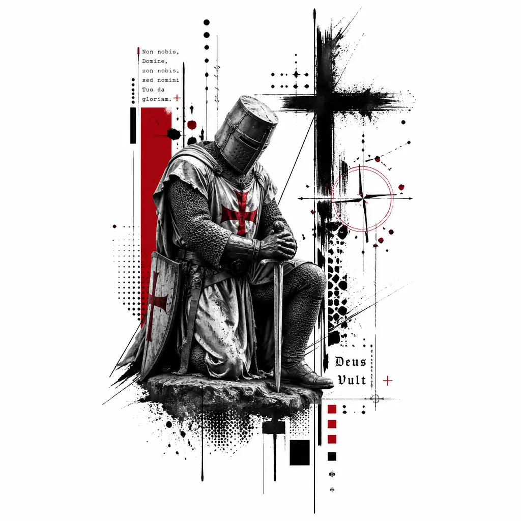 Crusader Statue Kneeling - Trash Polka tattoo design