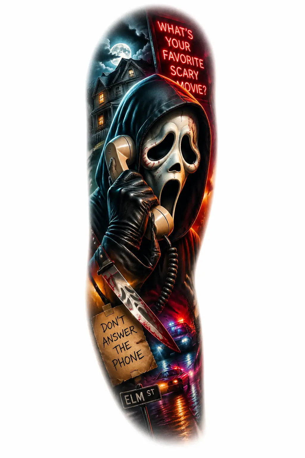 Ghostface Phone Call Scene - Realism Full Sleeve tattoo design
