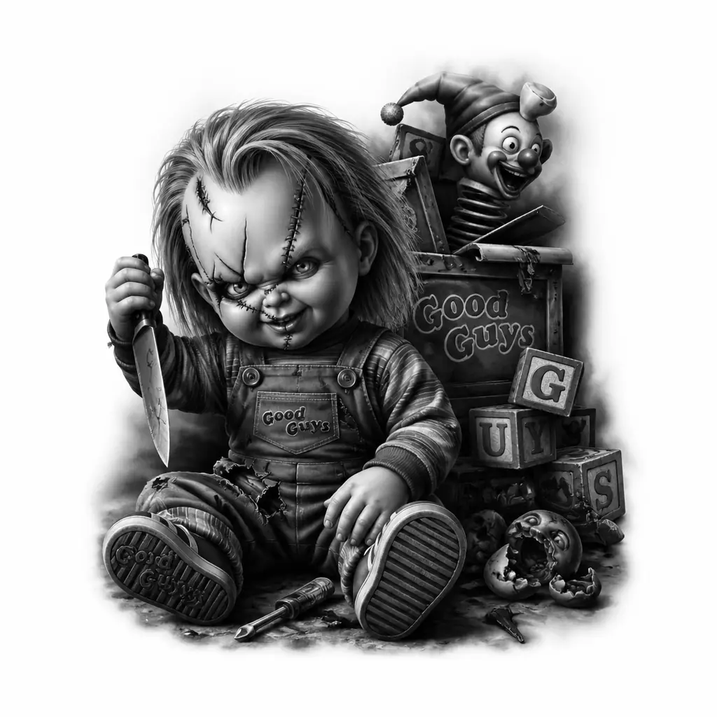 Chucky Doll Sitting - Realism tattoo design