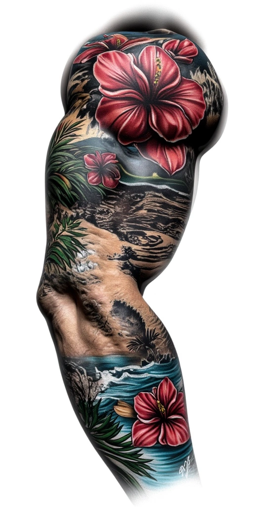 Color Louisiana And Hawaii Beach - Realism Full Sleeve tattoo design idea for men