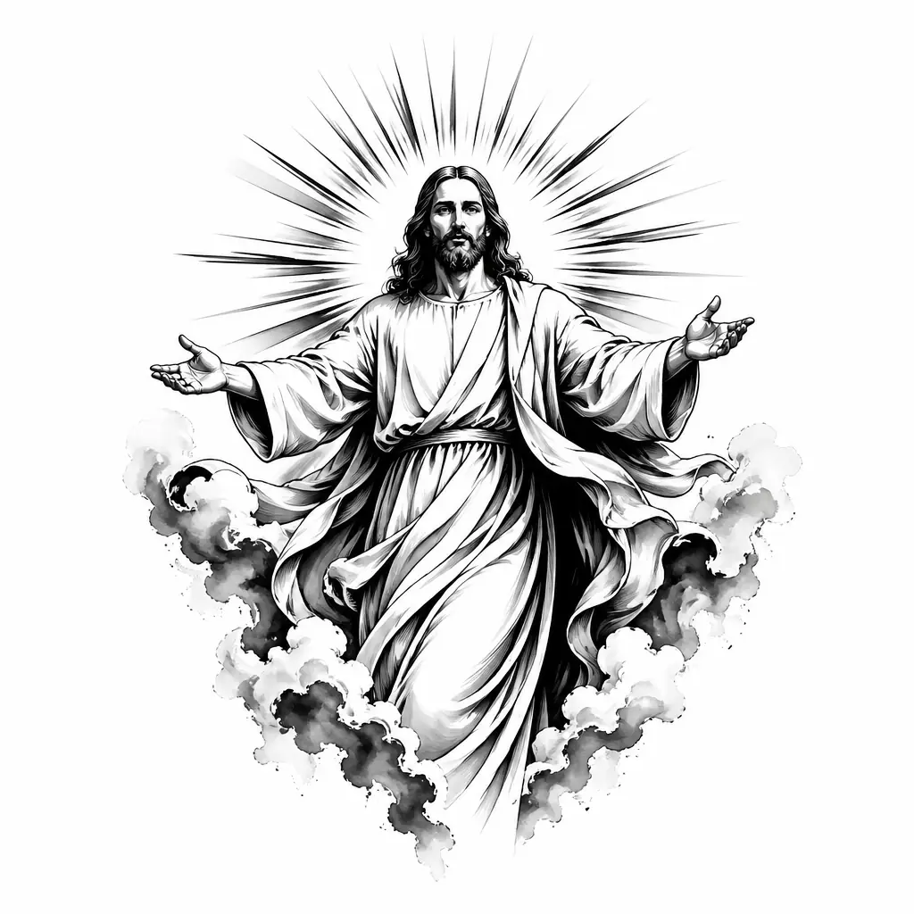 Jesus And Rays Light - Black And Grey tattoo design