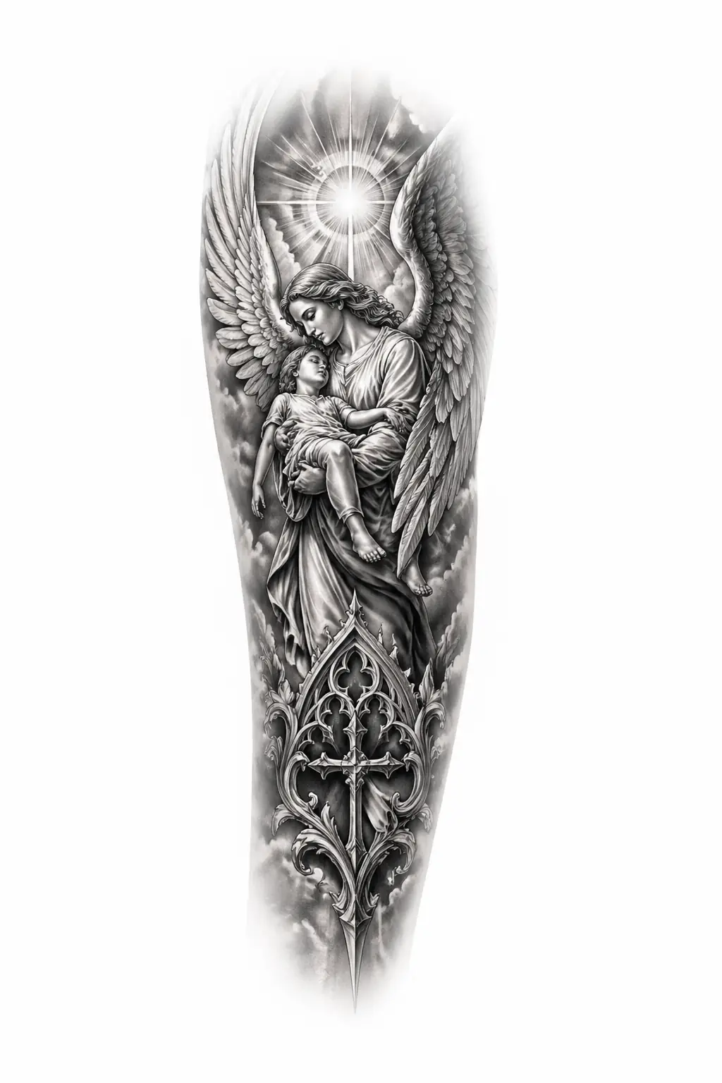 Guardian Angel Holding Figure - Black And Grey Forearm tattoo design