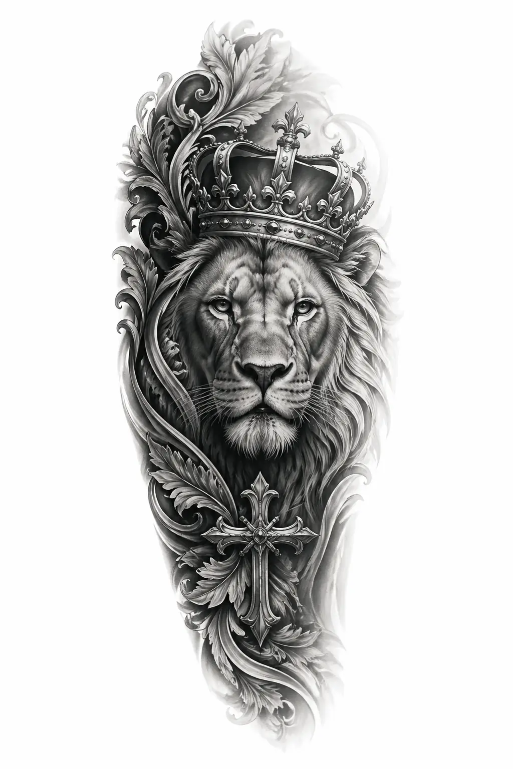 Lion With Crown Close Up - Black And Grey Half Sleeve tattoo design