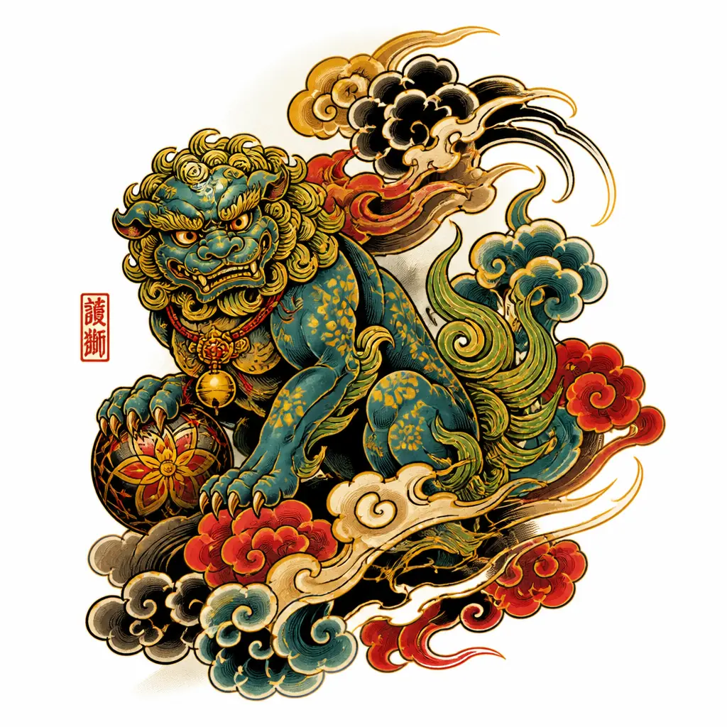 Foo Dog And Clouds - Japanese tattoo design