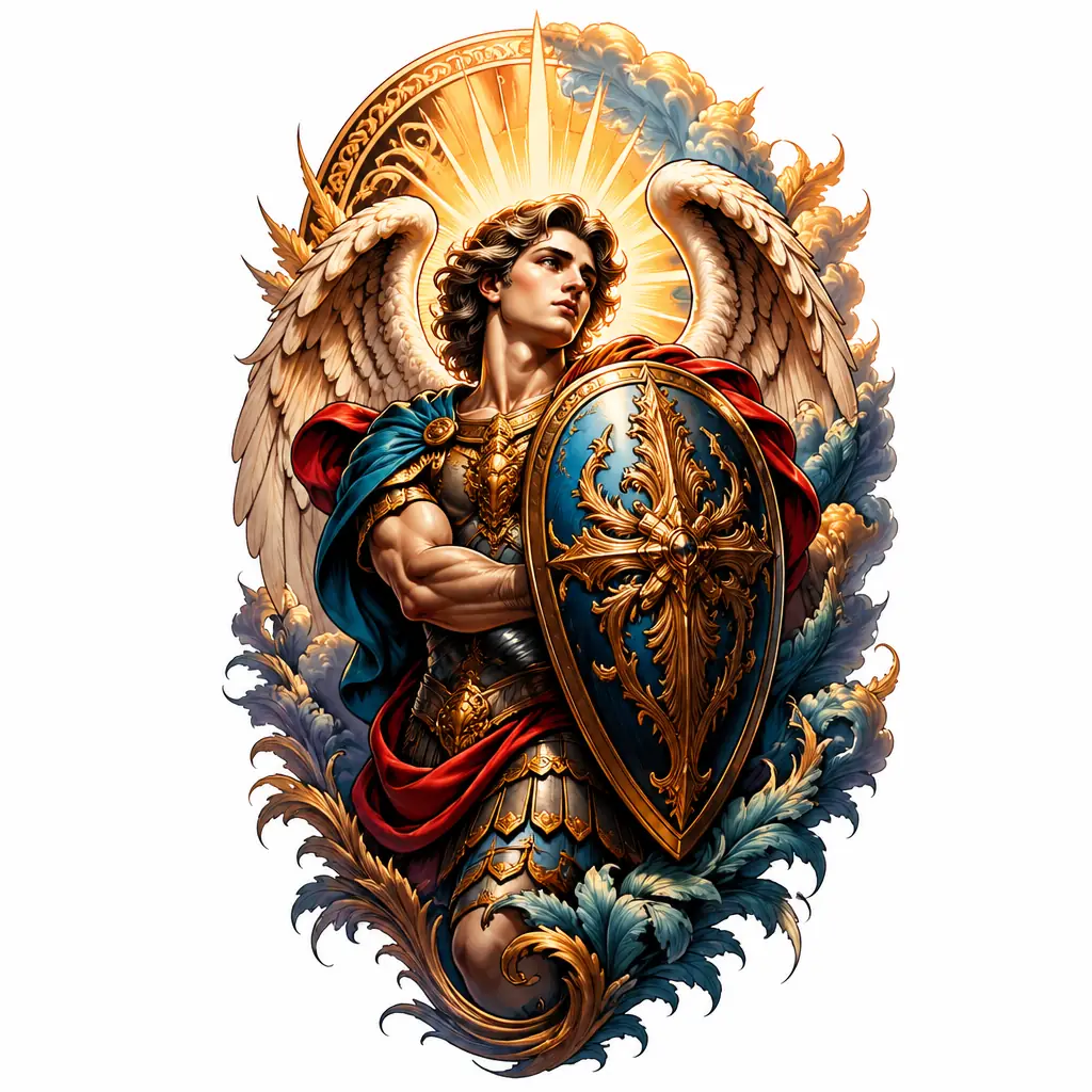 Angel Statue Holding Shield - Realism tattoo design