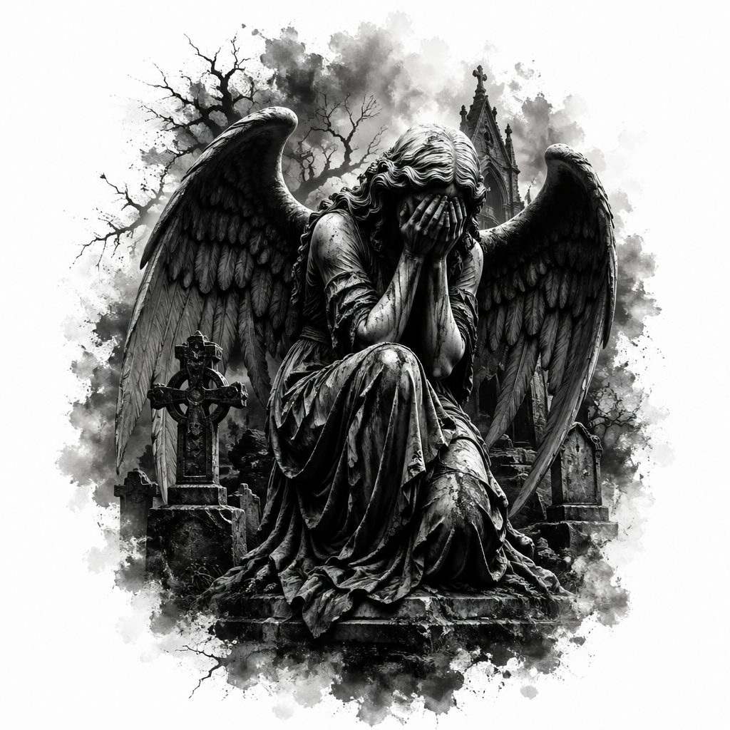Weeping Angel In Graveyard - Gothic tattoo design