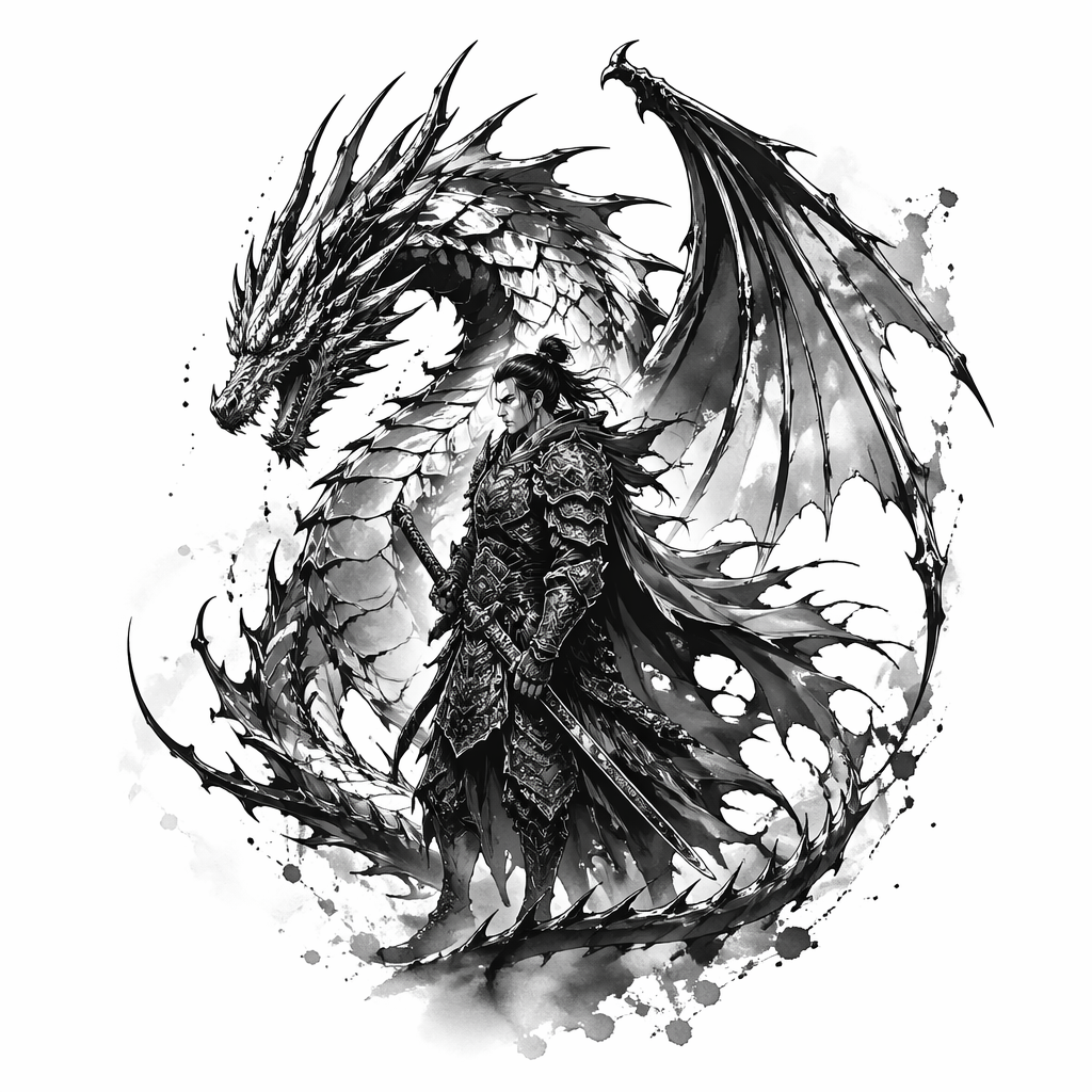 Warrior Standing Alongside A Dragon - Black And Grey Chest tattoo design idea for men