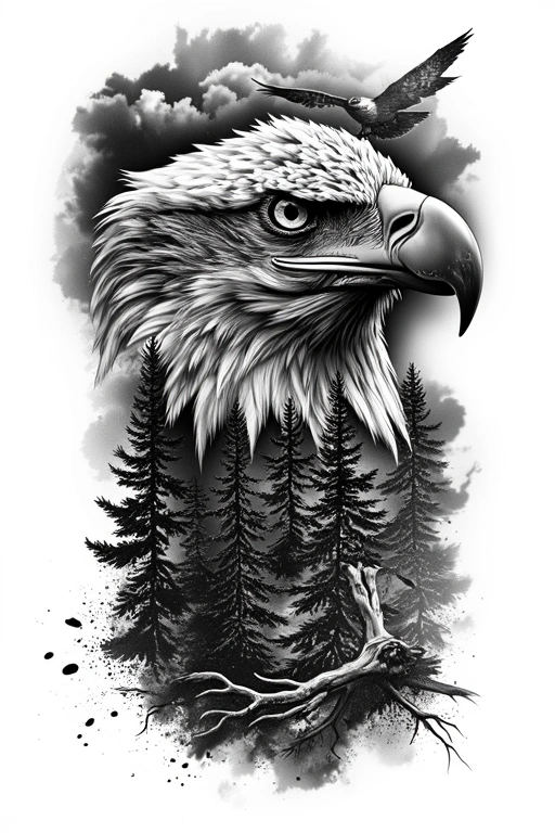 Bald Eagle Head, Clouds Above, Pine Forest Below, Vertical Layout, Double Exposure, Soft Fade Edges - Black And Grey Forearm tattoo design idea for men