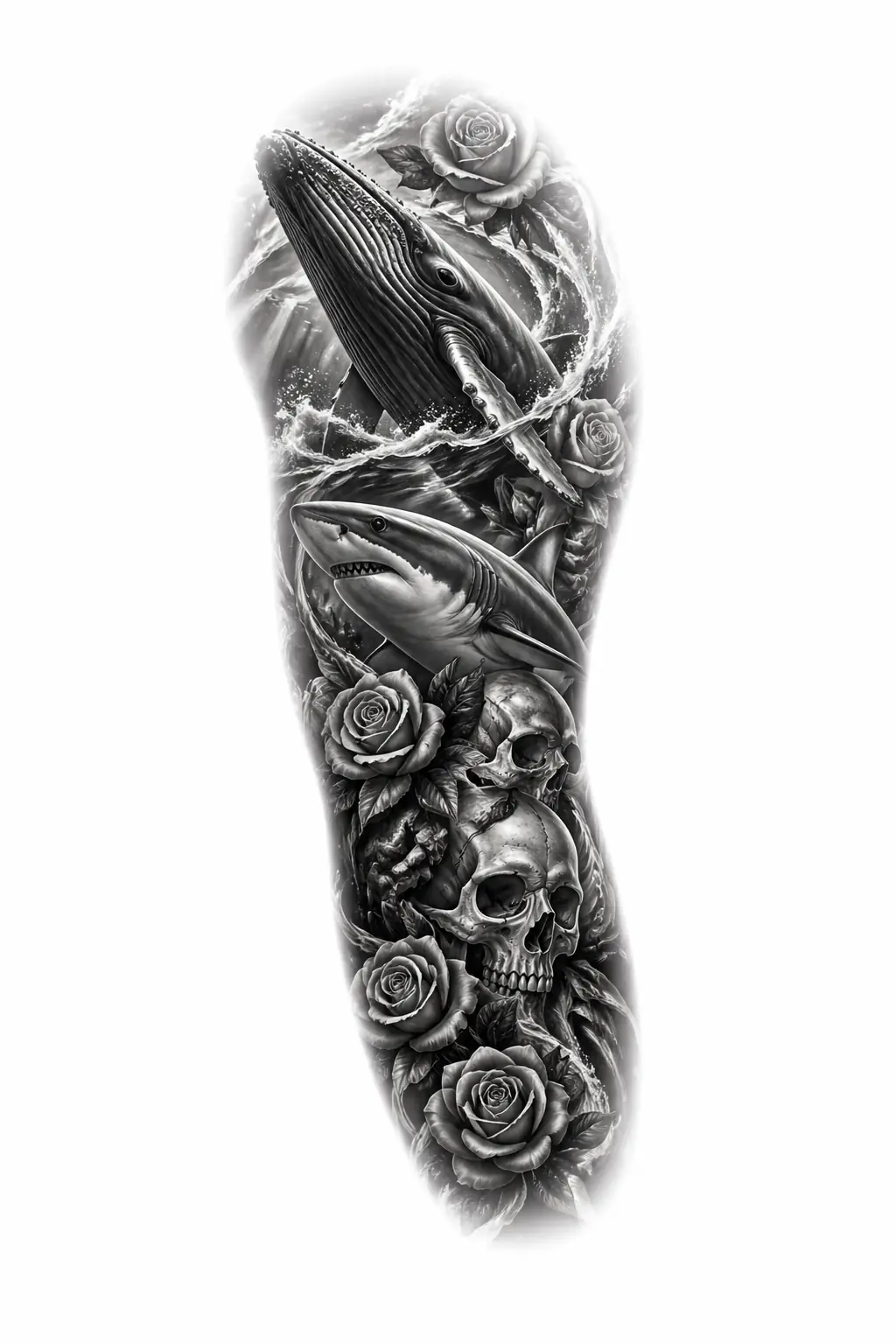 Whales, Sharks, Roses, Skulls - Realism Full Sleeve tattoo design