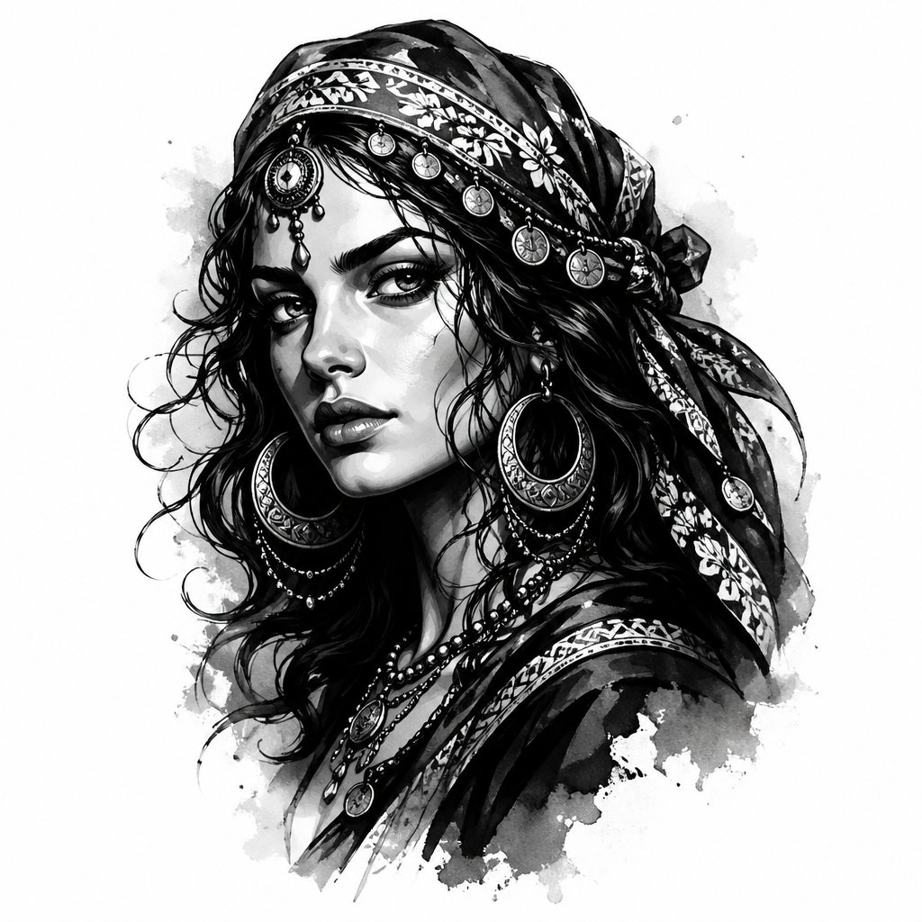 Gypsy Head - Black And Grey tattoo design