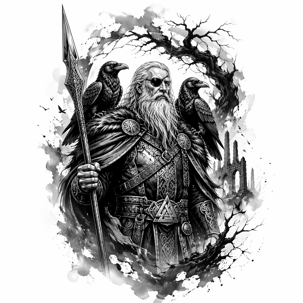 Odin With Ravens Full Scene - Black And Grey tattoo design