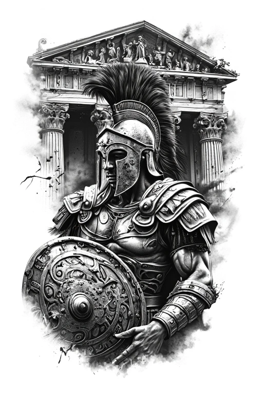 Spartan Warrior With Greek Temple In Back Round - Black And Grey Forearm tattoo design idea for men