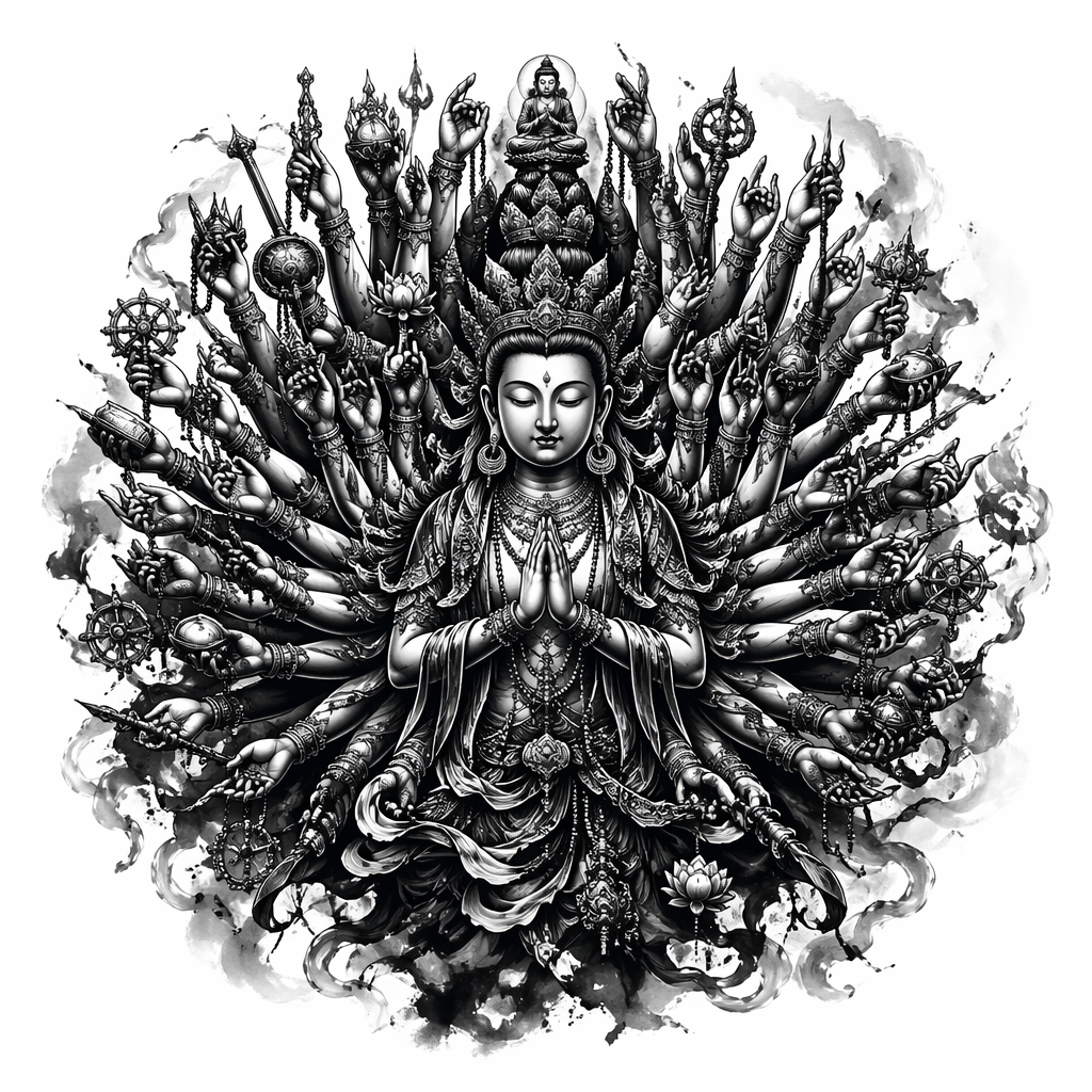 Thousand Hand Guanyin - Black And Grey Back tattoo design
