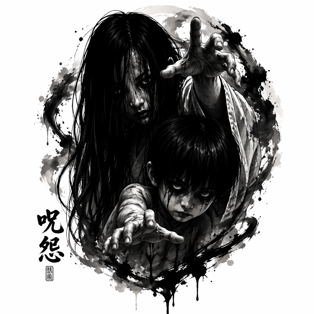 Ju On The Grudge - Black And Grey Chest tattoo design idea for men