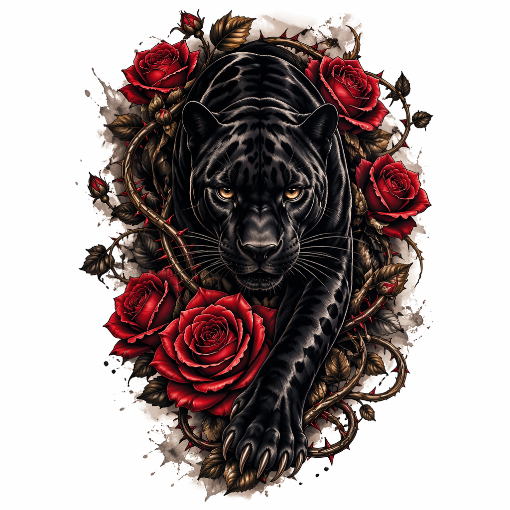 Black Panther With Roses - Neo Traditional Thigh tattoo design